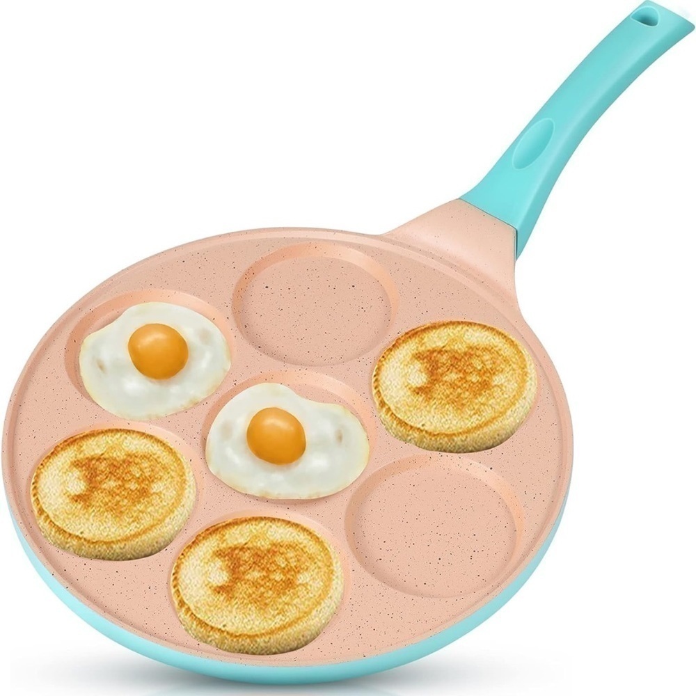 MINI Pancake Maker 7 Molds, Nonstick Pancake Griddle for Breakfast, 9.7” Blue